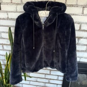 NWOT Carolina Belle Montreal Faux Fur Blue Jacket Hood Women's Teddy Sweater Zip